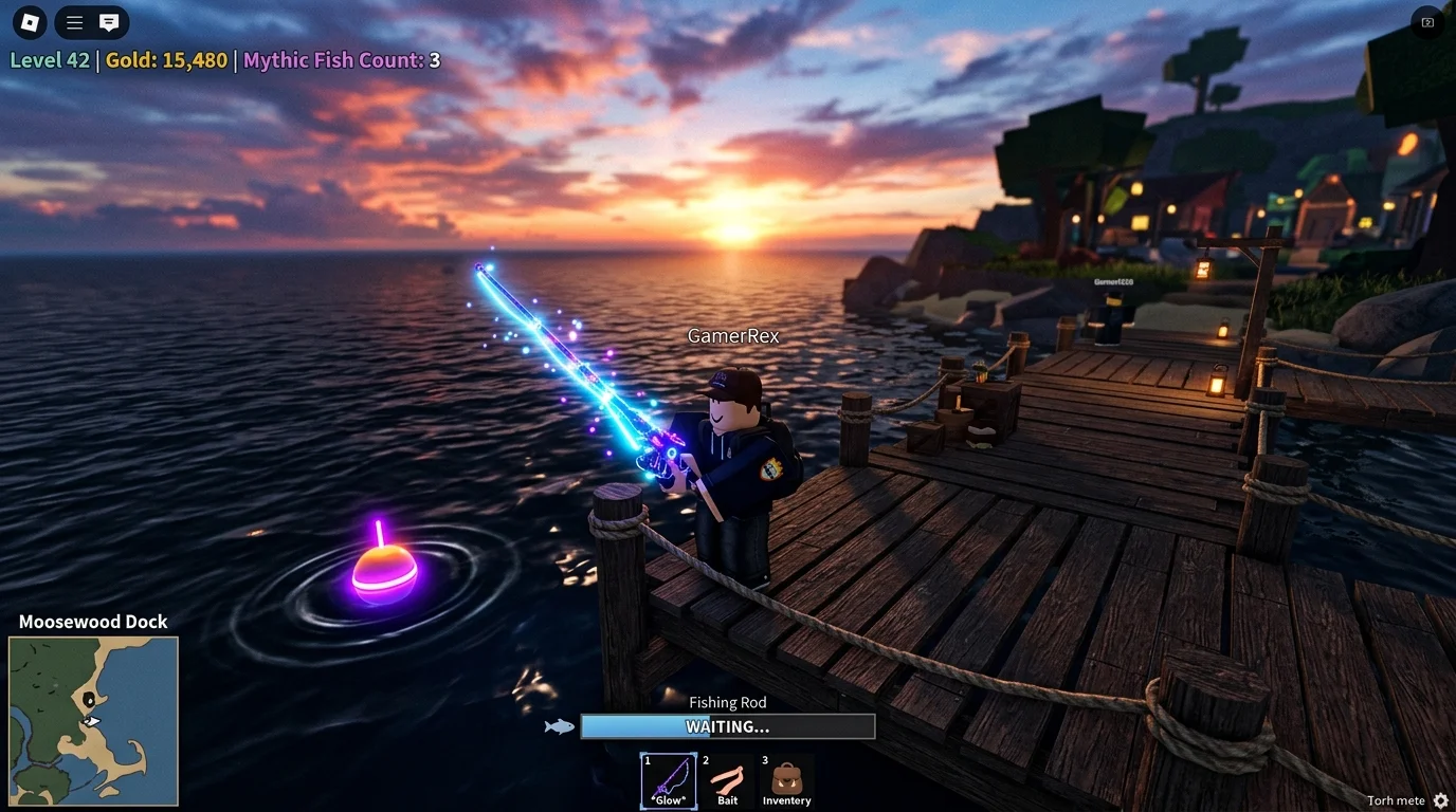 Roblox Fisch Moosewood Dock Fishing Gameplay and Mythic Rod Setup